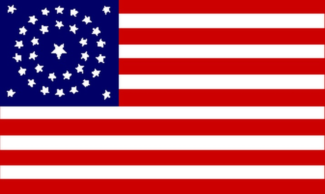 34 stars (1861-1863) Another popular design during the Civil War was this one, which featured two rings, a star in the middle and one in each corner, almost like a solar system, but - like - for America, man.