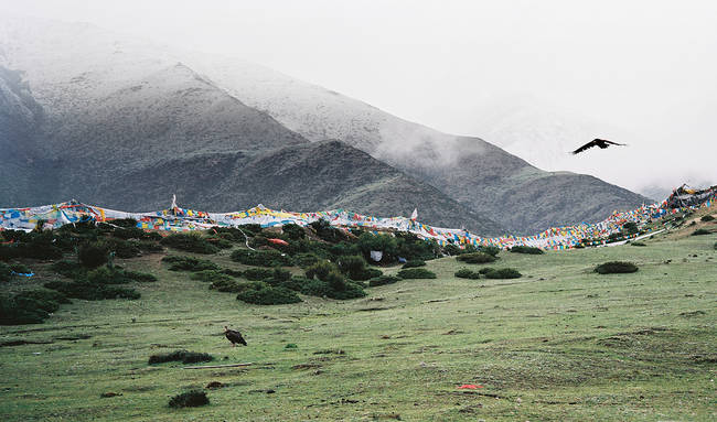 The skull wall process begins with a sky burial. When a villager dies, the monks place their body in a sitting position and juniper is burned to attract vultures.