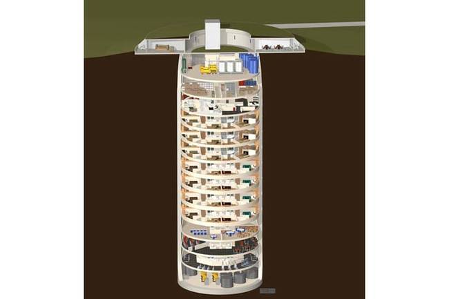 The Survival Condo Complex is buried 174 feet underground in the shell of an old missile silo. The facility has a total of 54,000 square feet, and it designed to sustain up to 70 people for at least five years.