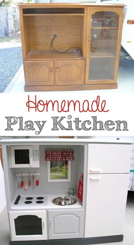 Convert your old entertainment center into a play kitchen.