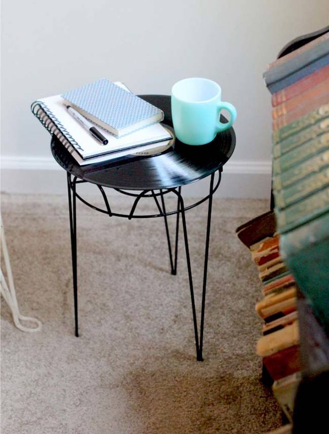 Make a fun side table with a vinyl record.