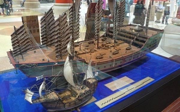 Ship Envy: A model of explorer Zheng He's ship totally dwarfing a model of Columbus' ship.