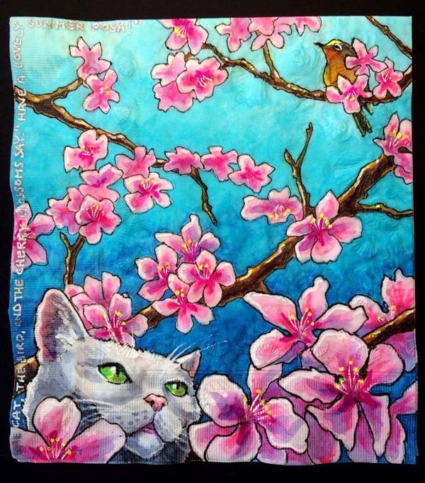 "Cherry Blossoms with Cat and Bird"