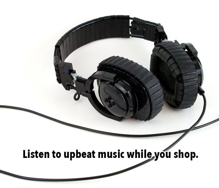 5. Stores typically play slow-tempo music to keep you dragging down the aisles, so pump up some jams of your own.