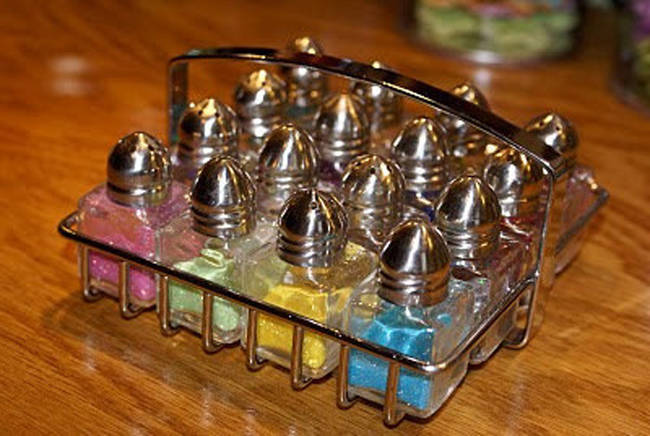22.) Use salt and pepper shaker sets to organize your glitter.
