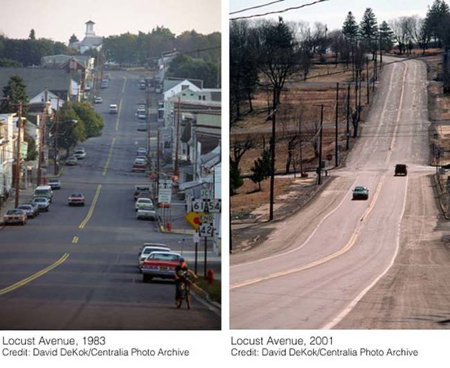 Not long after that, the federal government allocated funds for the town's residents to be relocated. By 1992, most residents had taken buyouts and moved on. This was when most of the town was claimed by eminent domain, and then demolished. Below is what Centralia's Main Street used to look like.