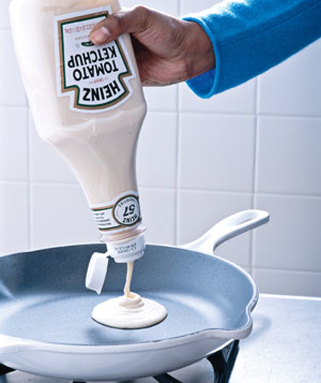 9.) Use an empty ketchup bottle to easily store and use pancake batter.
