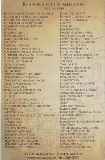 Reasons for being admitted into an asylum in the late 1800s, including "laziness" and "masturbation for 30 years."