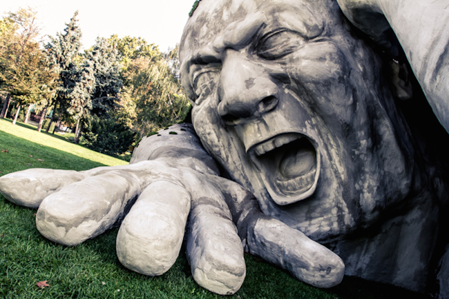 While it looks like weathered stone, the sculpture is actually made of polystyrene.