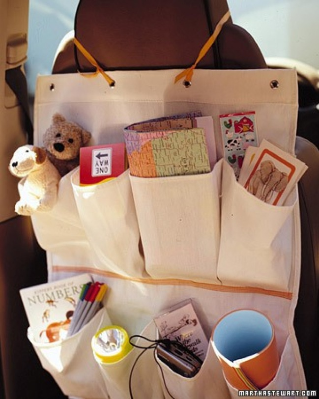 A shoe rack can store activities for road trips.