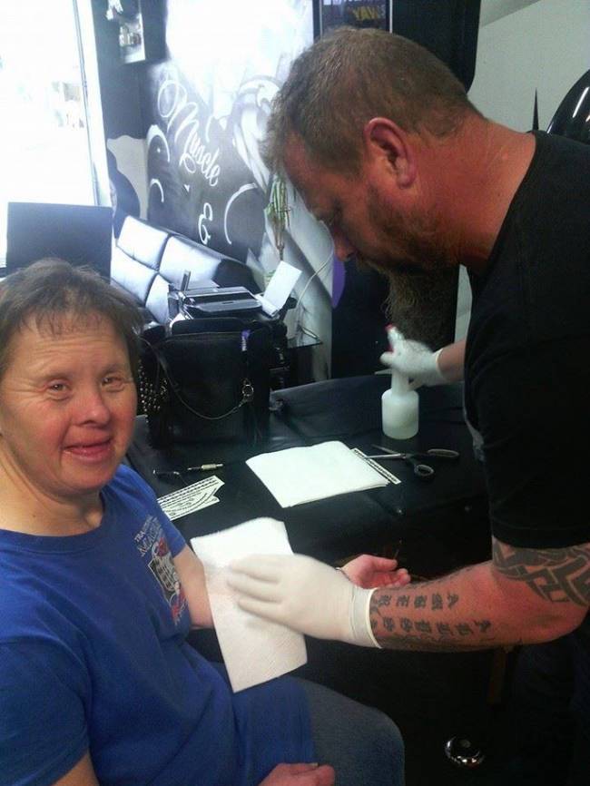 Now, she comes in every single Friday to get the same treatment from Ward, free of charge. Barry has Down Syndrome. Before she goes to her vocational day facility, Ward says she likes to get tatted up so she can show off her new art. She prefers Maori design, because she has a friend at the facility with that style of tattoo up his arm and she likes to compare her weekly work with his.