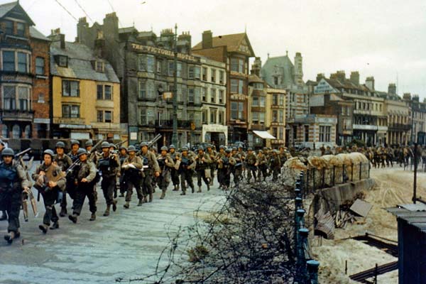 The 2nd Battalion US Army Rangers marching through Weymouth, who needed to capture Pointe du Hoc.