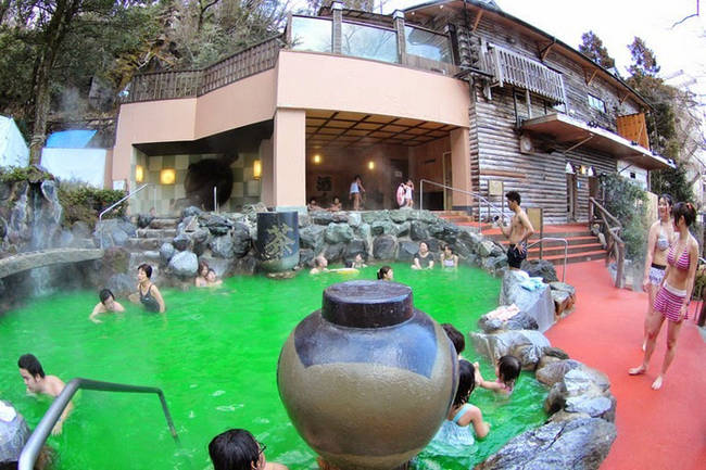 The spa also offers other unusual beverage-based baths, such as this vibrant green tea pool.