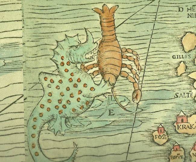 1539:  Olaus Magnus claimed that a 12 foot Sea Rhino lived just off the coast of some islands, and had a hankering for giant lobsters.