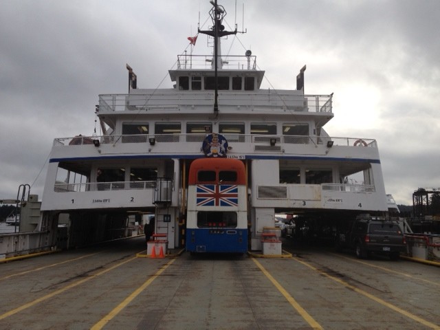 A ferry brought the bus to Saturna Island. It almost didn't fit onto the boat, with only two inches of overhead clearance.