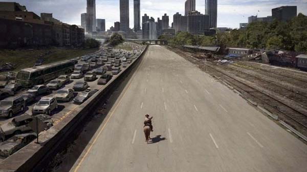 After: Rick Grimes riding a horse into Atlanta.