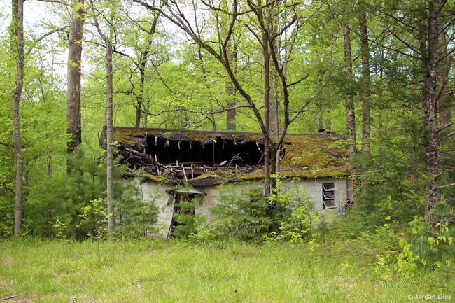 A cottage, heavily damaged.