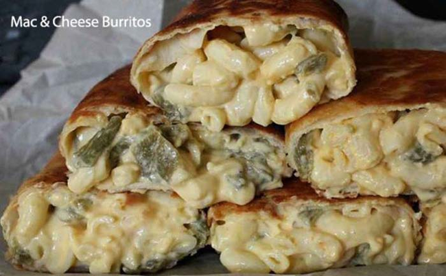 11.) Burritos stuffed with mac and cheese. Looks amazingly delicious.