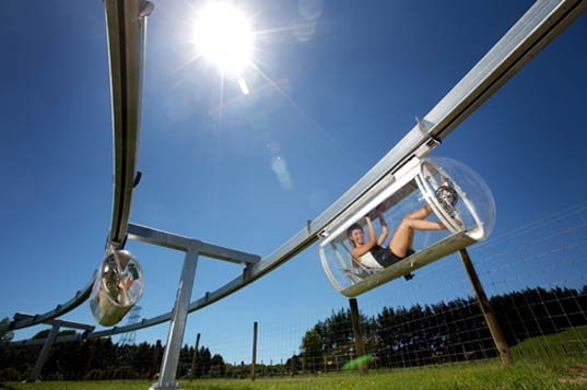 Shweeb is a company Google invested in to create eco-friendly transportation, but based on these pictures it looks like they trap people in pods in order to harness their precious human energy.