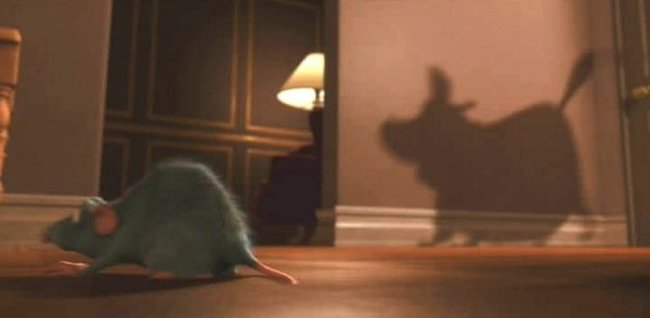 Dug from "Up" makes a shadowy appearance in "Ratatouille".