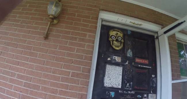 Here's the front door. Something tells me that skull isn't just there for Halloween.