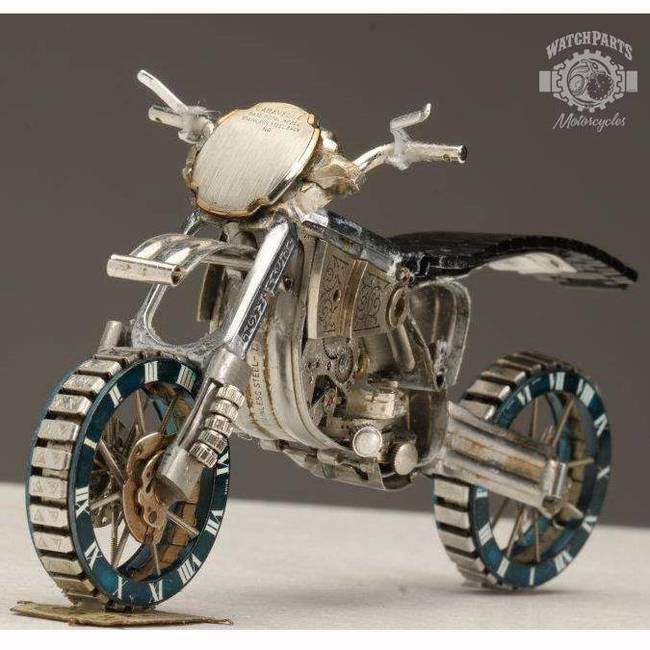 The result of that search was a 3D, free-standing model motorcycle, entirely created from watch parts. Look closely and you can see all the watch components that have been repurposed into pieces of the sculpture.