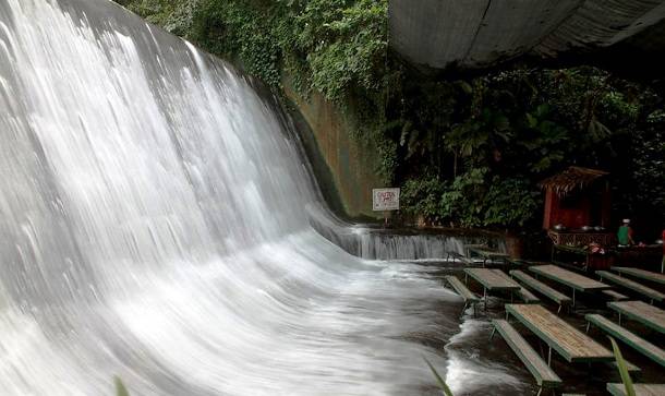 Eating in a waterfall.