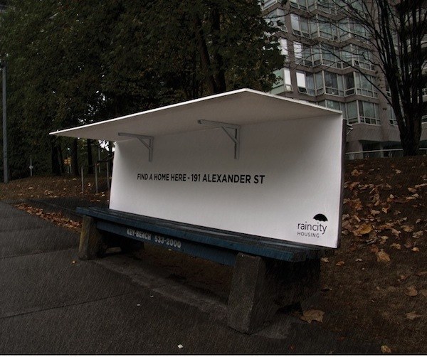 It can be flipped open when it’s raining. And when opened, it reveals the address of RainCity Housing. Bill Briscall from the charity says: “We felt that the benches were a great conversation starter, recognizing that people are still sleeping on benches. The last City of Vancouver count put homeless numbers at 538.”