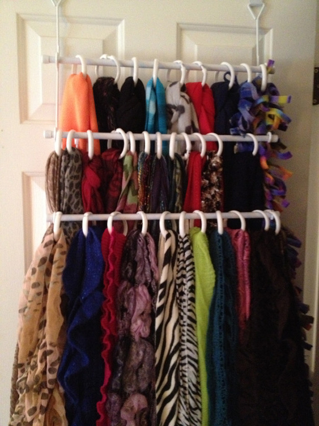 11.) Use shower hooks on an over-the-door towel rack to keep your scarves neat.
