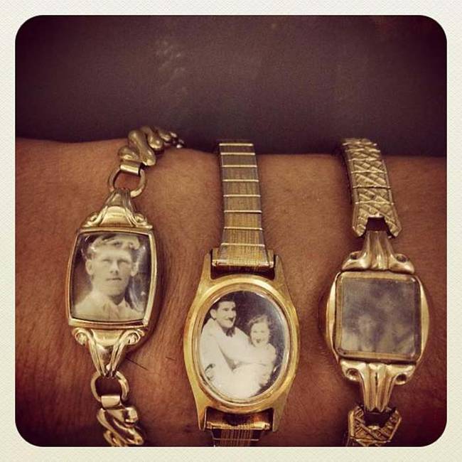 Recycle an old watch by covering the clock with vintage photographs.