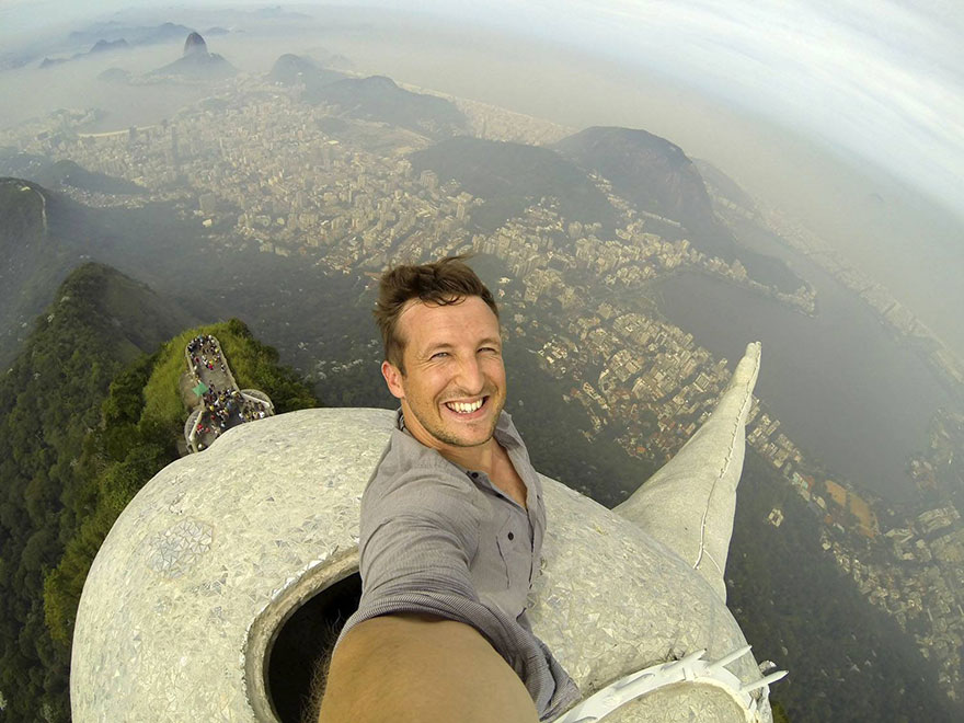 Meet Lee Thompson, a travel company boss who has captured what could be the ultimate selfie after photographing himself at the top of Brazil's iconic Christ The Redeemer statue.