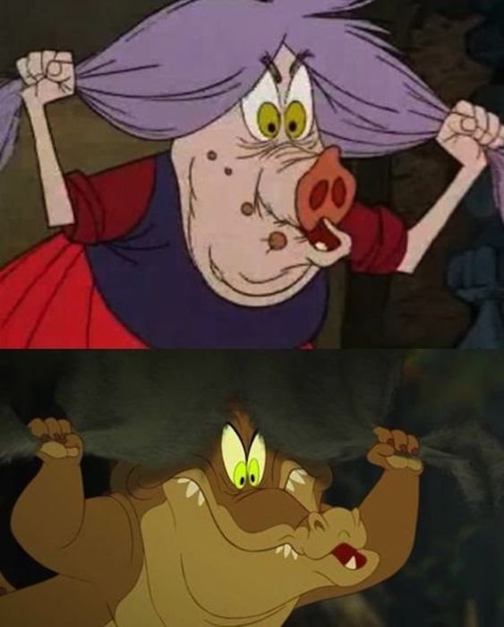 The Princess and the Frog - Louis pulls on some swamp grass and imitates Madam Mim from The Sword and the Stone.