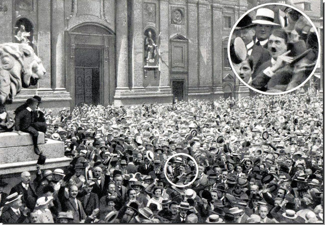 17.) Adolf Hitler spotted in a crowd cheering on the start of World War I in 1914.