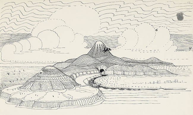 An ink sketch of the Misty Mountain from <i>The Hobbit</i>.