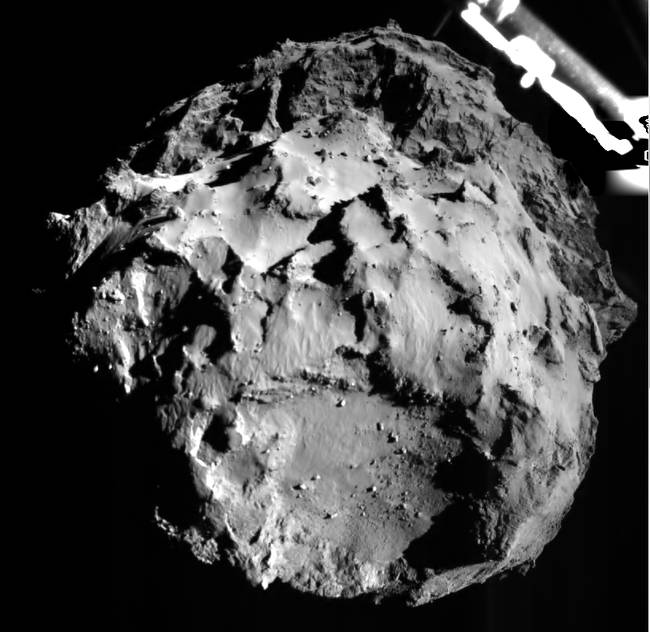 A view of the landing process taken from <i>Philae</i>'s downward-facing ROLIS camera. The ROLIS captured images of the probe's descent onto the comet's surface, and, now that the probe has landed, it will serve as a multispectral close-up camera.