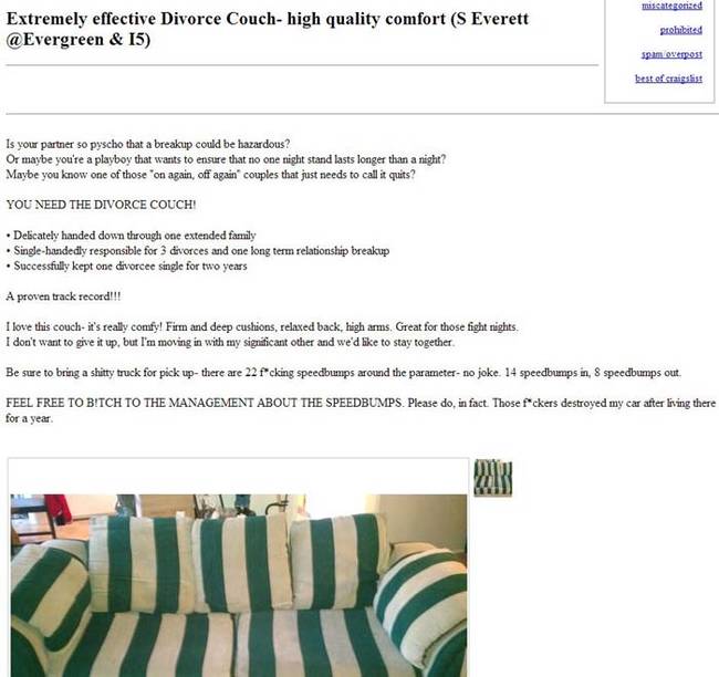 5.) Get yourself a slightly used "Divorce Couch." It's too good of a deal to pass up!