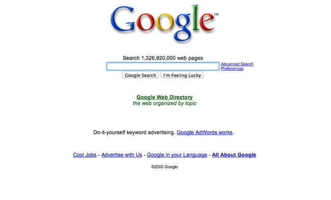 Hurrah! We've reached the end of 2000, and Google is looking more normal. Also note the appearance of Google AdWords.