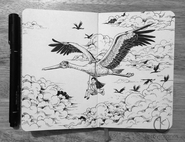 These sketches can be very fanciful, too. Here's one of a young girl carried by a stork.