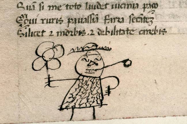 A 15th century doodle in a manuscript of Juvenal's Satires, which was popularly used to teach children morals. There were apparently no moral tales about defacing books.