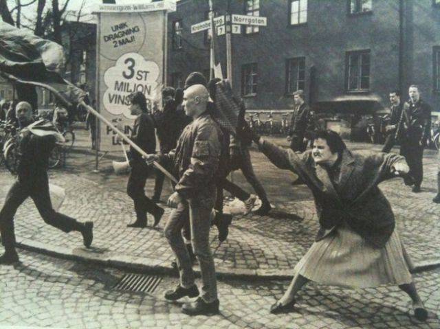 Not having time for his crap, woman in Sweden hits a neo-Nazi with her handbag in 1985. It was rumored, but never proven, that the woman was a concentration camp survivor.