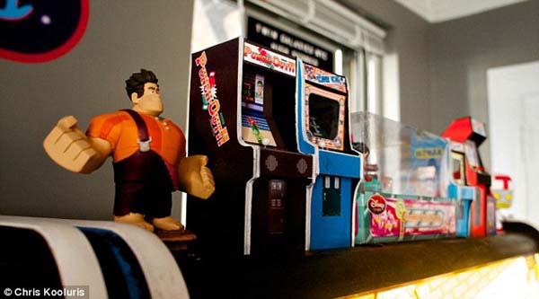 The transformed bedroom includes games like Street Fighter II, The Kong Off, Punch-Out!, Tron and Fix It Felix Jr., the fictional game seen in Disney's Wreck-It Ralph.