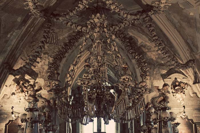 One of the oddest things inside the church is a chandelier made entirely out of bones.