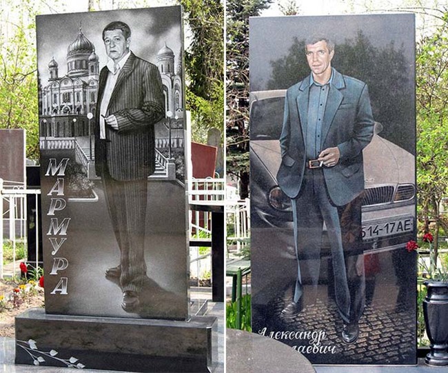 These look more like movie posters for a Russian version of <em>Reservoir Dogs</em> than tombstones.