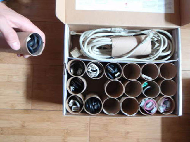18.) Use toilet paper rolls to organize your loose cords.