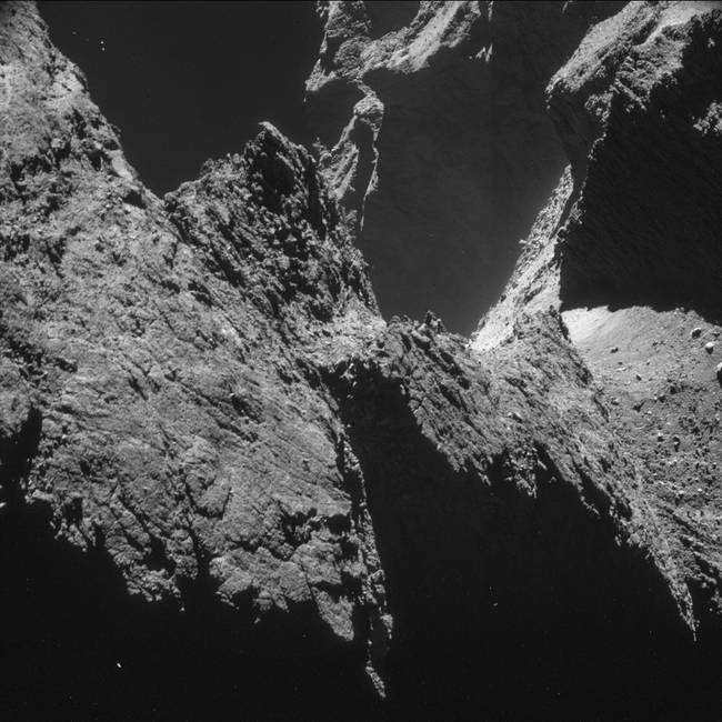 The comet has a varied terrain of cliffs, dunes and jagged rocks.