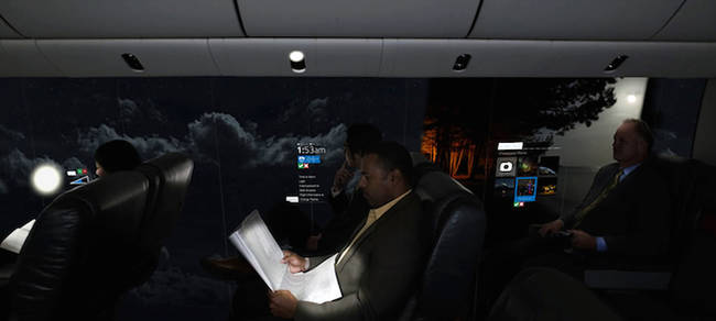 The panorama would reflect the sky during the flight, so night flights would be dark, and the lighting in the cabin would respond to the light in the sky in real time, helping people adjust to time-zone changes.