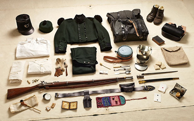 9.) The gear of a private soldier in the Rifle Brigade at the Battle of Alma in 1854.