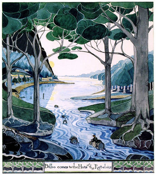 This piece has obvious art nouveau influence with its fluid, stained-glass-like appearance. This is from the famous barrel scene in <i>The Hobbit</i>