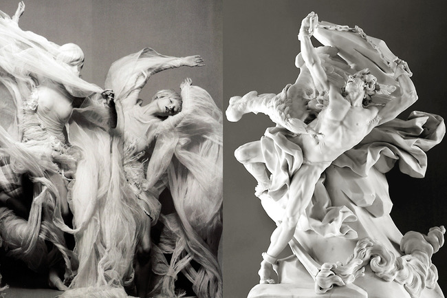 Elena Sudakova in “Invitation à la Danse” by Sølve Sundsbø for Numéro Magazine #91, March 2008 / Prometheus Bound by Nicolas-Sébastien Adam, white marble, 1762