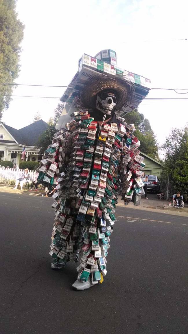 Some are fittingly ironic, like this guy who made his Day of the Dead costume out of cigarette boxes.